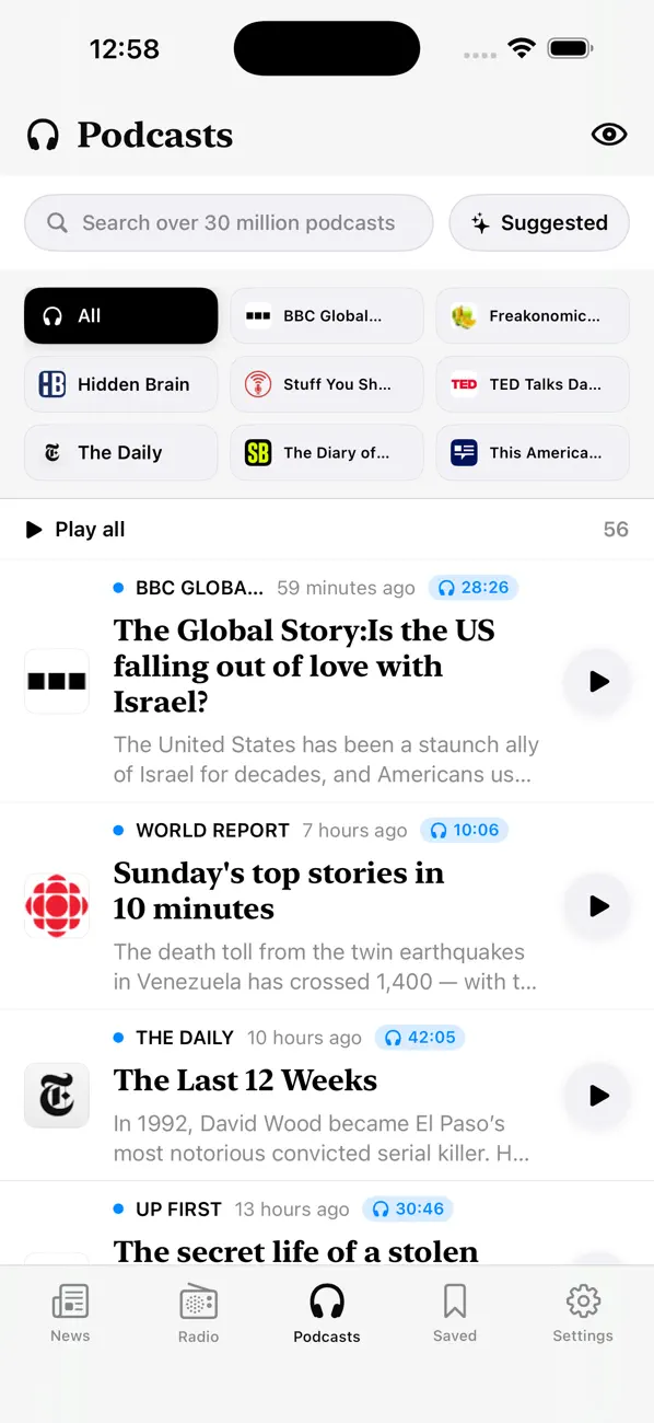 Podcast screen from the FeedWatch iPhone app